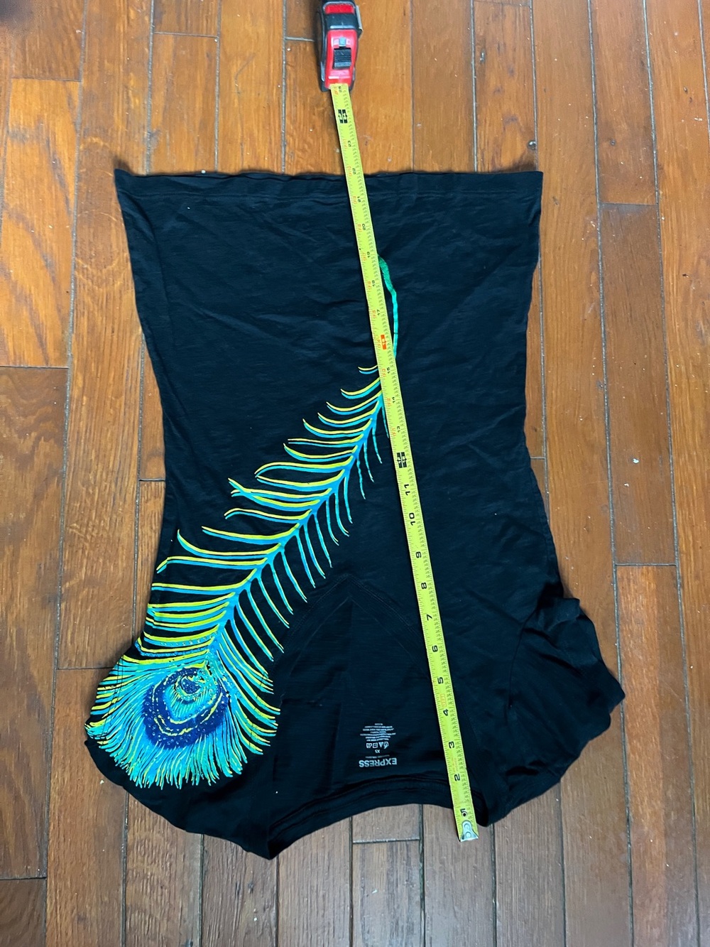 Express Black Strapless Top with Teal & Yellow Peacock Feather Print